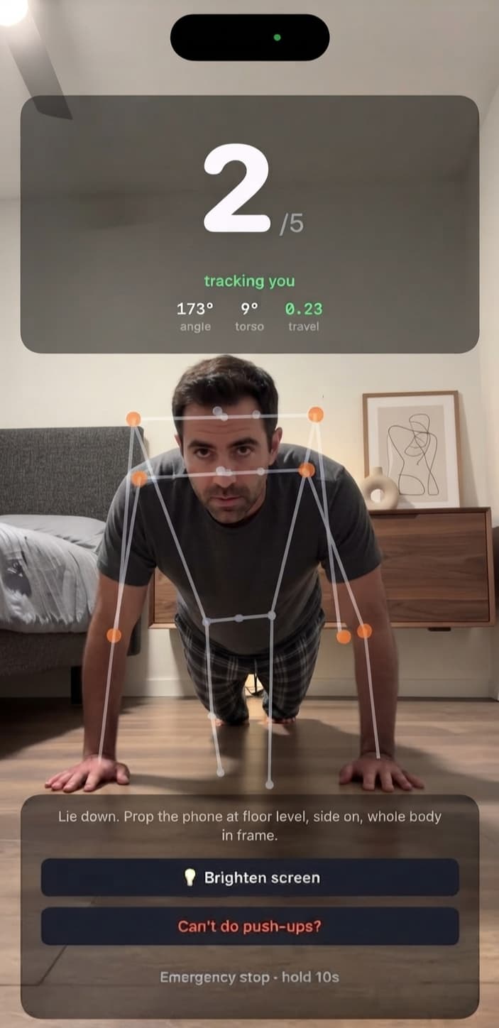 Push-ups counted live, with the skeleton tracking the body