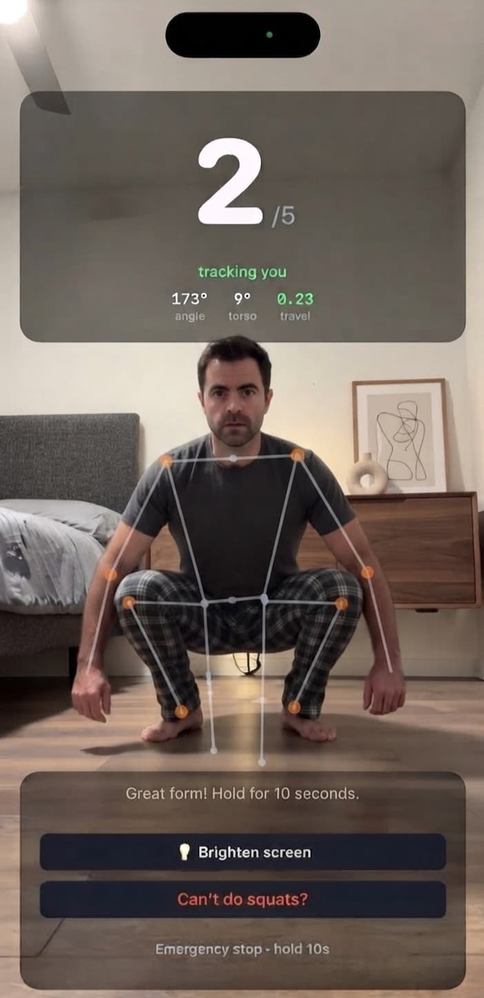 Squats counted live, with the skeleton tracking the body