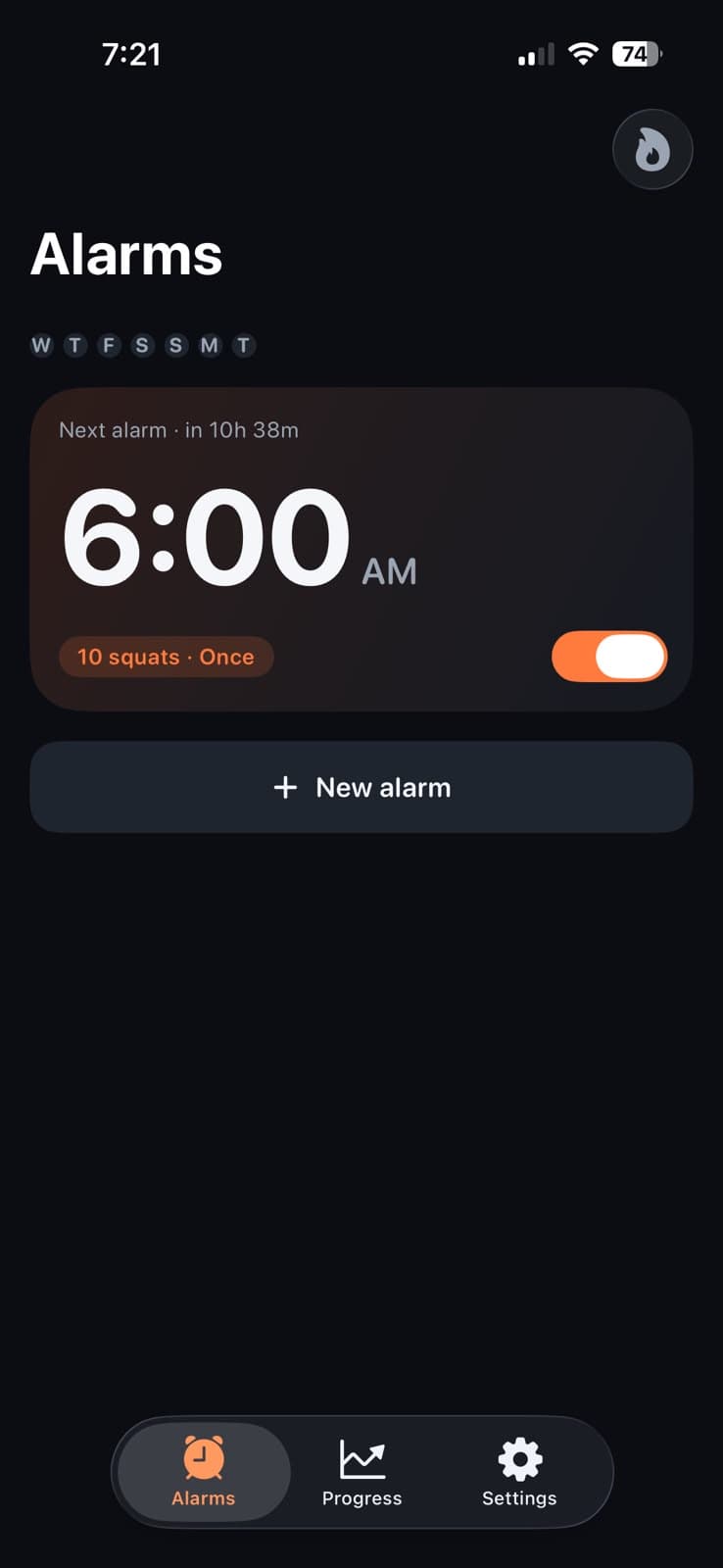The Unsnoozable alarm list showing a 6:00 AM alarm requiring 10 squats