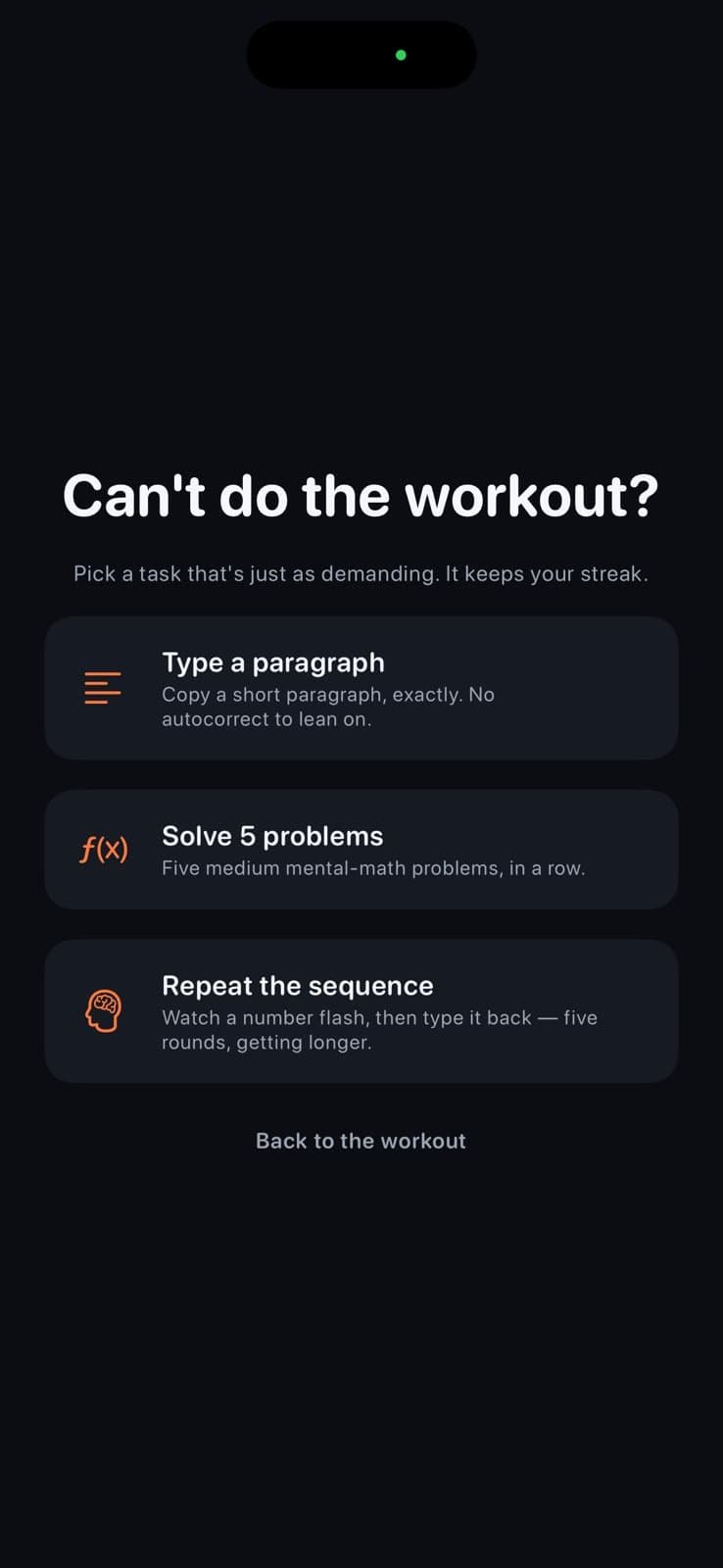 The alternate mission picker: type a paragraph, solve 5 problems, or repeat a sequence