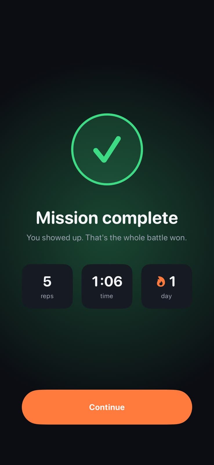 The mission complete screen showing 5 reps in 1 minute 6 seconds and a 1 day streak