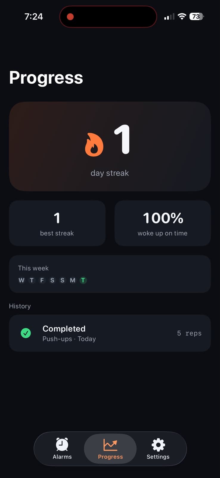 The progress tab showing day streak, best streak, completion rate and history
